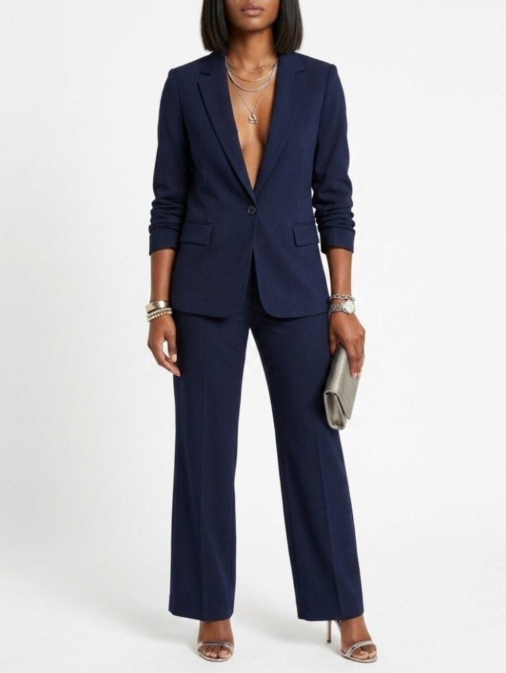 NWT Mng Navy One-Button Blazer & Straight-Leg Trouser Suit Set - S